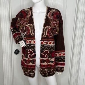 Vintage Women Sz M Casual Corner Embroidered Hand-Knit Cardigan Sweater Ramie